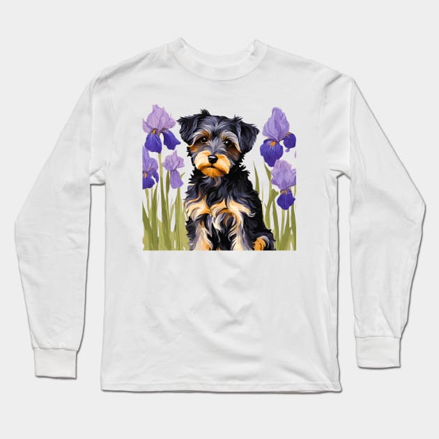 Yorkipoo Amongst Blue Irises Long Sleeve T-Shirt by Doodle and Things
